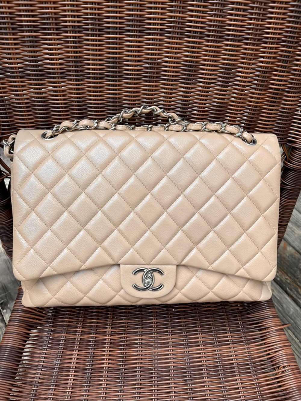 CHANEL Beige Quilted Shoulder Bag with Silver Hardware
